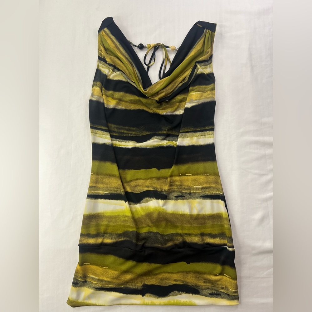 Vintage Y2K Mini Cowl Neck Bodycon Green and Black Dress with Beaded Back Detail